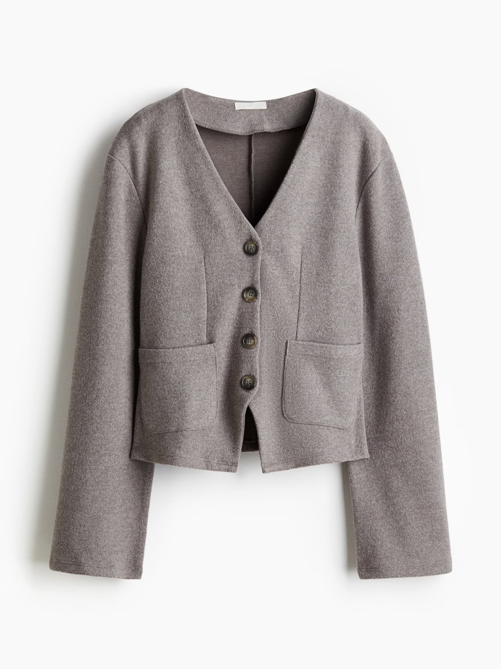 H&M Taupe Rib Knit Cardigan L Fitted V-Neck Button Up Business Fall Office